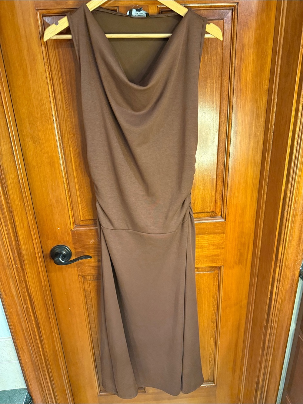 Sleeveless Brown Cowl Neck Women's Dress ankle length